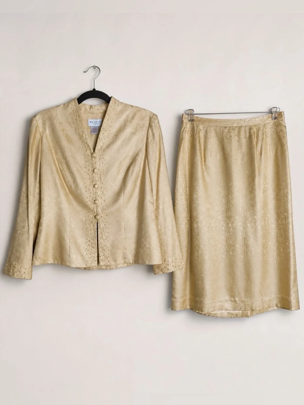 Papell Petites 8P 100% Silk Beaded Jacquard Jacket Skirt Suit Champagne